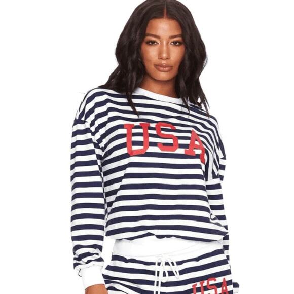 Beach Riot USA Sweatshirt Nautical Striped Crewneck Pullover Red White Blue NEW - Picture 1 of 4